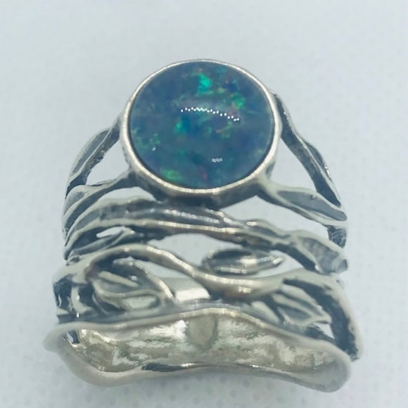 ‘PZ ISRAEL’ Silver, Lab Created Doublet Opal, Wired Leaf Motif Ring, Size 10 - Picture 5 of 8